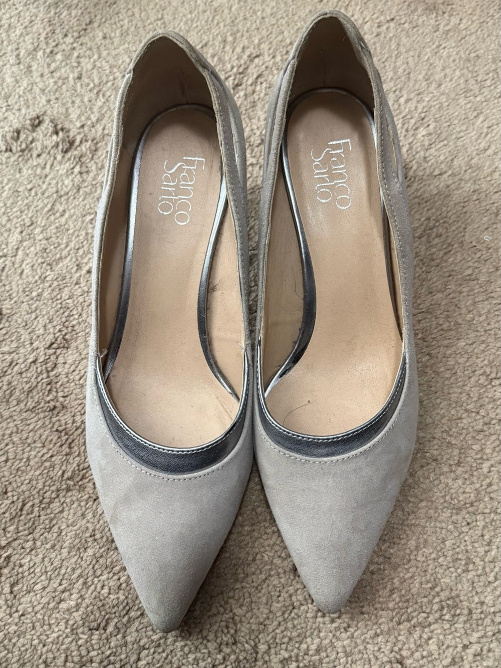 Franco Sarto Pointed-Toe Suede Pumps in Light Gray with Silver Trim